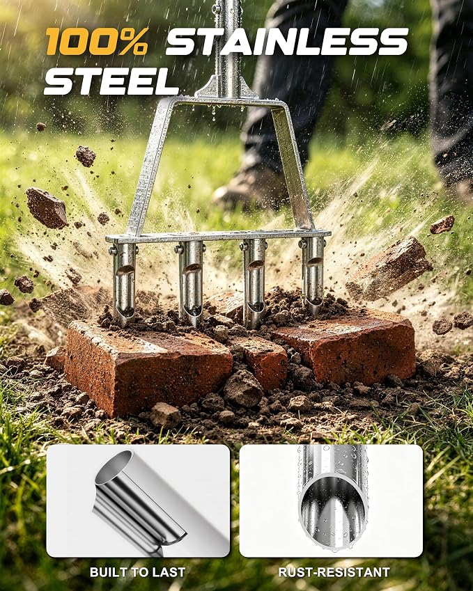 RETRUE Manual Core Aerator Lawn Tool - Lawn Aerator Tool with 4 Replaceable Hollow Tine, Semi-Assembled Grass Aerator Core Aeration Tool for Lawn, Yard Aerator for Lawn Care Compacted Soil