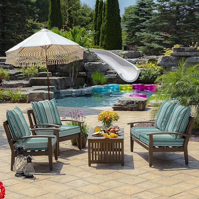 Arden Outdoor Foam Deep Seat Cushion Set, 24 in x 24 in, Weather-Proof, Rain-Proof, Fade Resistant Patio Cushion, Bottom and Back Cushion for Chair, Sofa, and Couch Teal Cobalt Stripe