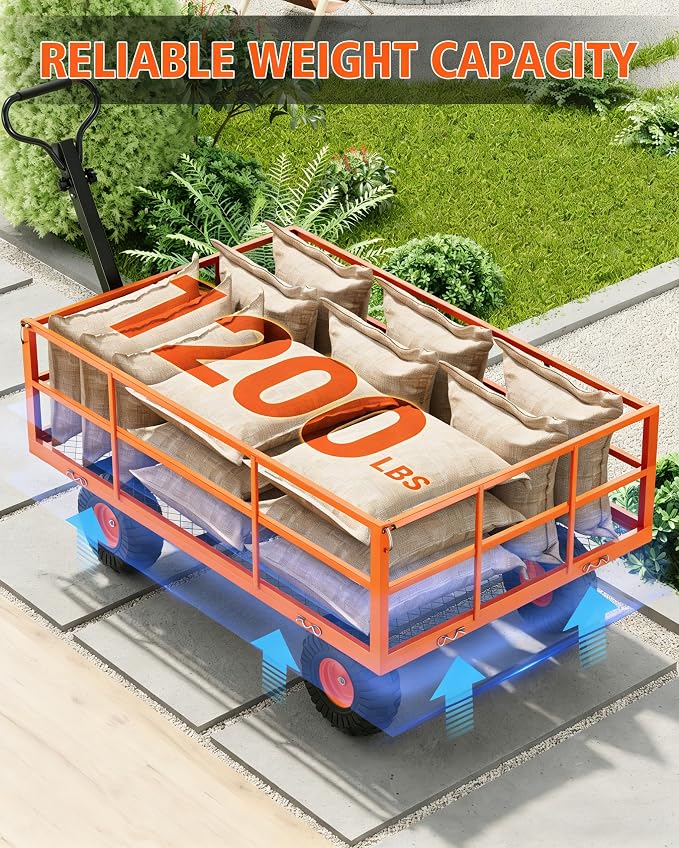 GarveeLife Heavy Duty Steel Garden Cart 1200 LBS Capacity 3 in 1 Pullable Garden Wagon with 13 in Wheels for Gardening Soil, Tools, and Plant Transport