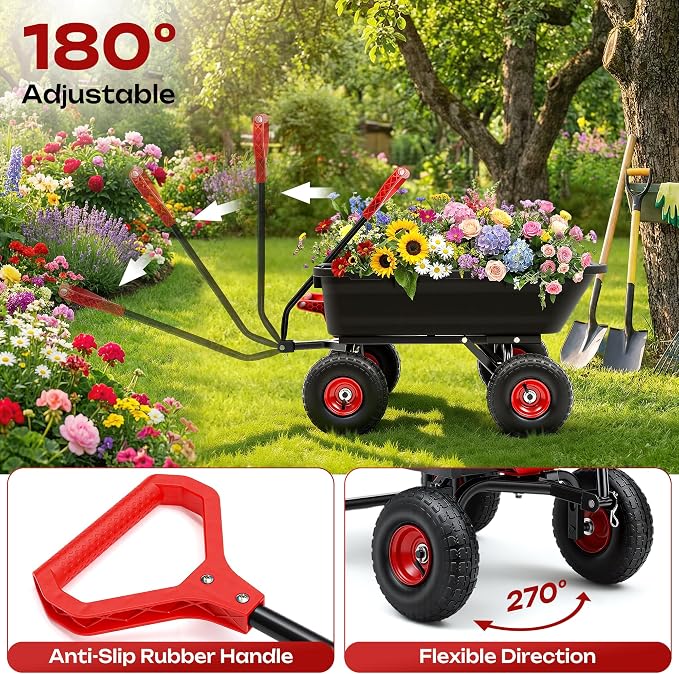 Garden Dump Cart 900Lbs, 2026 Upgraded Heavy Duty Wheelbarrow Dump Wagon with 10" Non-Slip Pneumatic Tires & Quick-Release Dumping, 4-Wheel Steel Frame Utility Carts for Yard,Farm and Garden