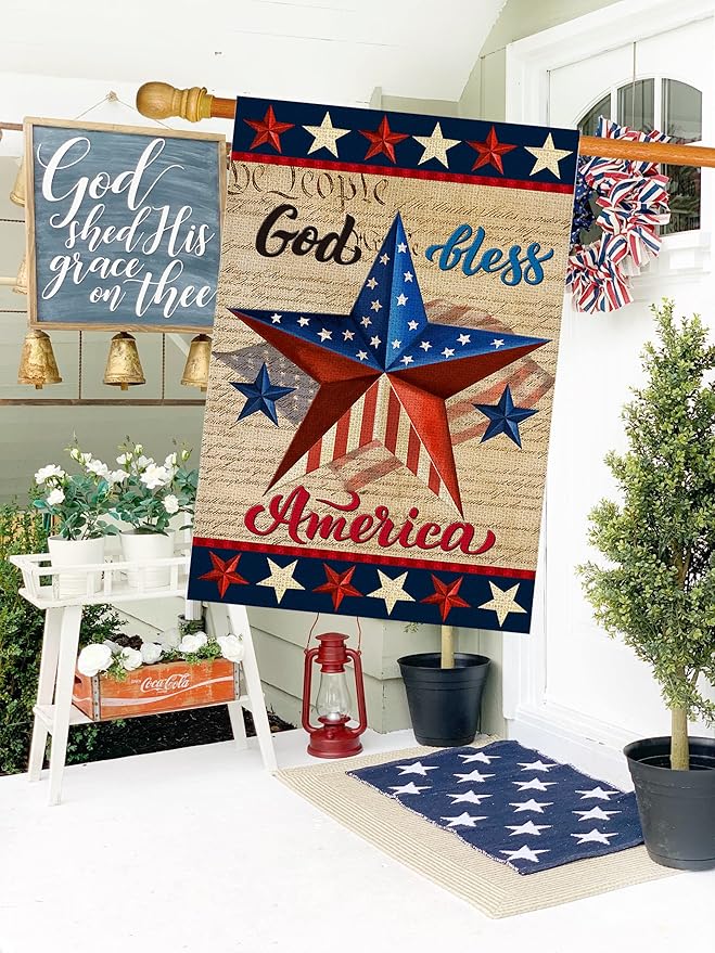 Patriotic God Bless America 4th of July House Flag 28 x 40 Inch Vertical Double Sided Blue Red Star Independence Day Memorial Day Yard Outside Décor