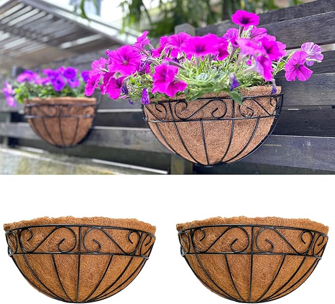 LalaGreen Bundle - 14" x 2 Pack + 14" 2 Pack Hanging Flower Baskets with Coco Liner in Two Different Designs Herb Pot Holder Rail Planter Outside Railing Deck Vertical Garden Wire Pots