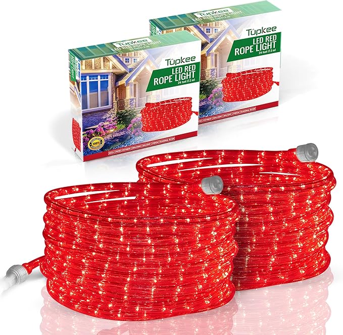 Tupkee LED Rope Light Red - for Indoor and Outdoor use, 24 Feet (7.3 m) - 10MM Diameter - 144 LED Long Life Bulbs Rope Tube Lights - Pack of 2
