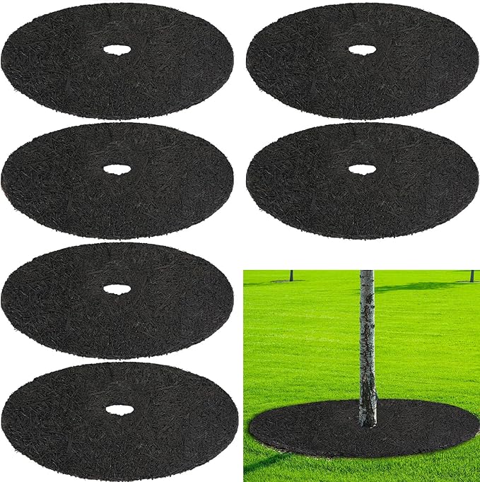 Peryiter 6 Pcs Rubber Mulch Tree Ring, Heavy Duty Rubber Mulch Mat, Tree Protector Weed Barrier Mats, Round Root Barrier for Root Protection Weed Grass Control (12 Inches)