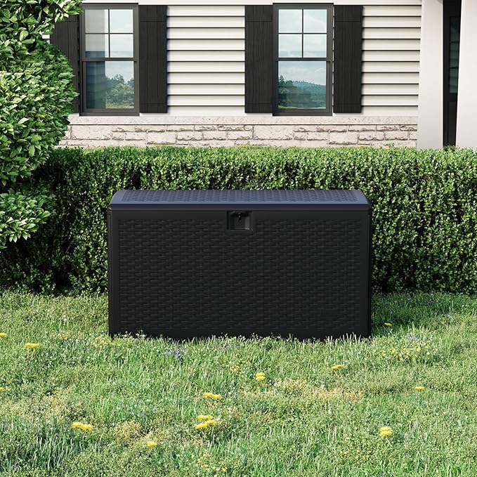 CABIHOME Outdoor Storage Box 120 Gallon Waterproof Large Resin Deck Box Indoor Outdoor Lockable Storage Container for Patio Furniture Cushions Garden Tools, Pool Garden, 120 Gallon, Black