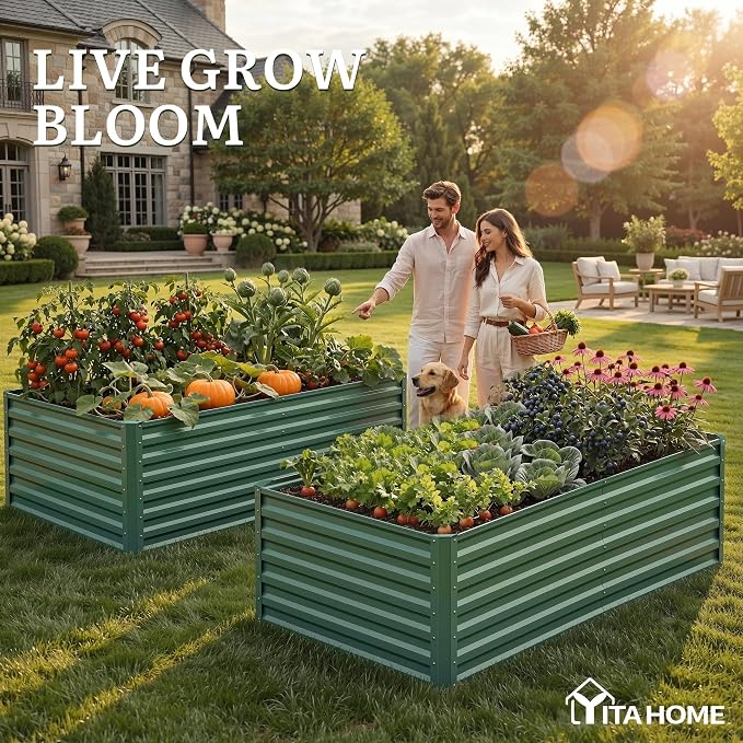 YITAHOME 6x3x2ft Large Raised Garden Bed Kit, Galvanized Metal Planter Box with Gloves, Support Rod, Outdoor Above Ground Planters for Plants, Vegetables, Flowers, Green