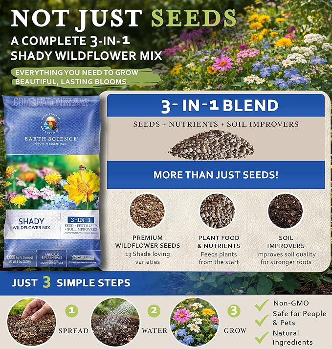 Earth Science Shady Wildflower Mix— 6 lb— 3-in-1 Formula with Premium Wildflower Seeds, Plant Food and Soil Conditioners - Non-GMO, Natural Ingredients