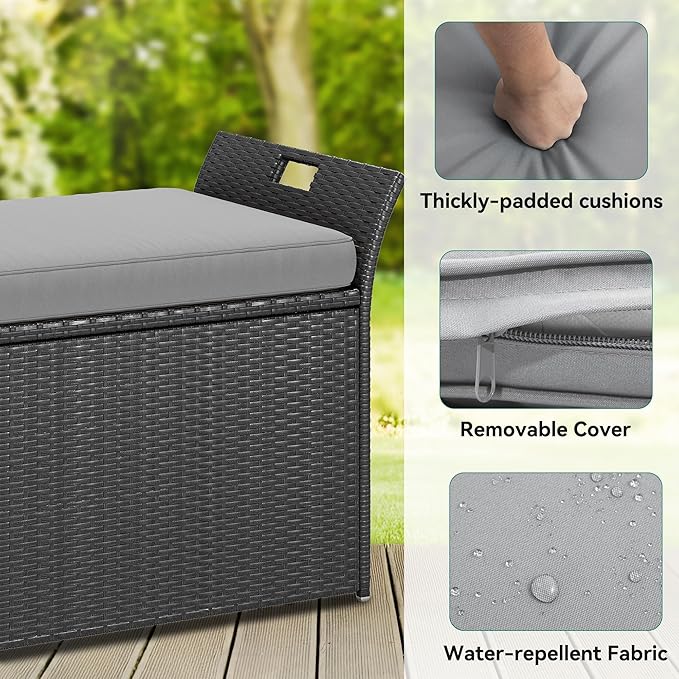 YITAHOME 90 Gallon Outdoor Wicker Storage Bench w/Cushion, Large PE Rattan Deck Storage Box w/Handles & Hydraulics for Patio Furniture, Cushions, Garden Tools, Pool & Sports Equipment, Black&Grey