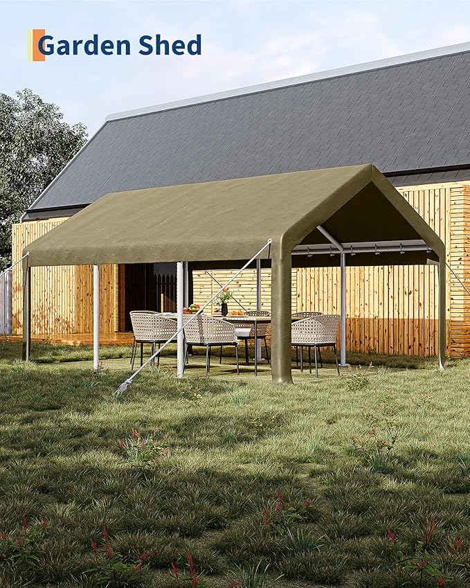GarveeLife 13x20 ft Carport with 8 Sandbags, Car Port with 220 g PE Tarp, 2 Roll-Up Doors, and 4 Windows, for Full-Size Pickups, Bass Boats, Tractors, and SUVs, Khaki