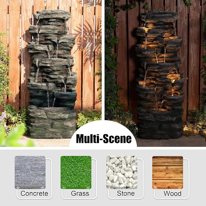 Glitzhome Outdoor Water Fountain, 9-Tiered Rock Floor Fountain with Cascading Water, 39.25" H Polyresin Waterfall Fountain with Pump and LED Light Outdoor Water Feature for Garden Yard Patio Porch
