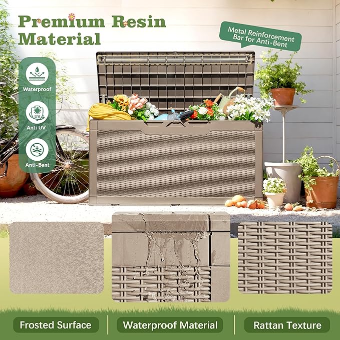Flamaker Outdoor Storage Box 100 Gallon Waterproof Resin Deck Box Delivery Box with Air Rod Indoor Outdoor Lockable Storage Bench for Patio Cushions, Tools, Pool Accessories (Brown)