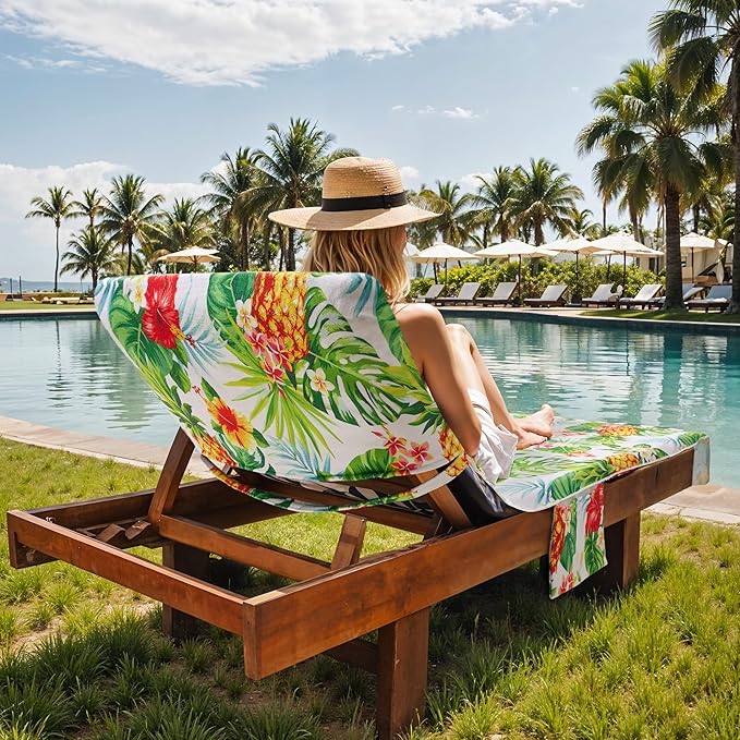 Lounge Chair Towel Covers, 2 Pack Outdoor Chaise Lounge Slipcover, 83" X 29" Pineapple Floral Microfiber Beach Chair Cover, Soft Absorbent Chaise Cover with Pockets for Pool Garden Patio