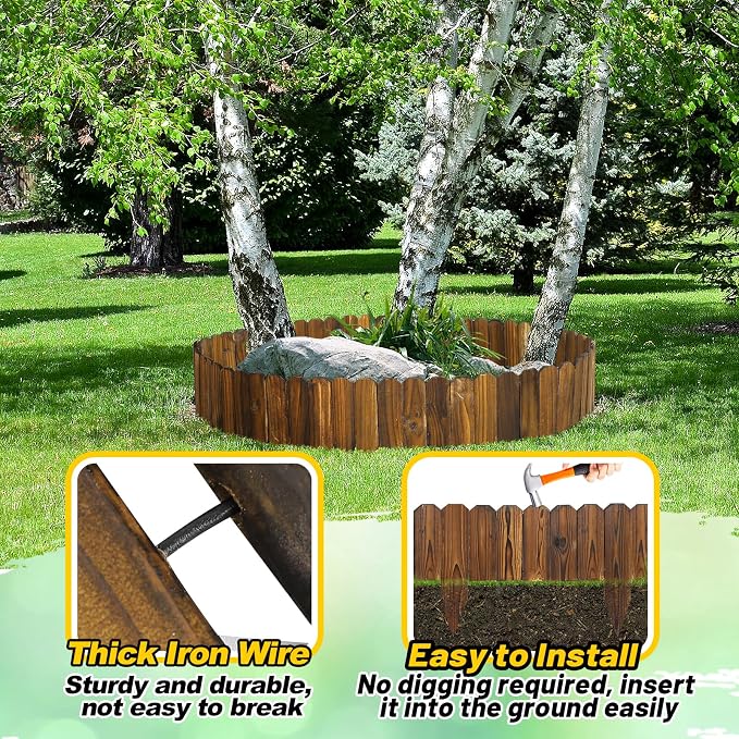 Wooden Garden Edging - 11.8ft x 8in Weather-Resistant Pine Landscape Border Fence for Outdoor Patio Lawns Yard Flower Beds Decoration