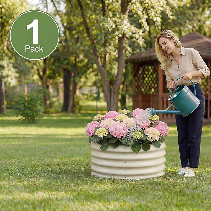 Sponvatt 1 Pcs Round Galvanized Raised Garden Bed Kit 24 x 12 Inch Metal Planter Box Outdoor with Safety Rubber Edge Trim Rust Proof Weather Resistant Circular Steel Garden Beds White 12 Inch Deep
