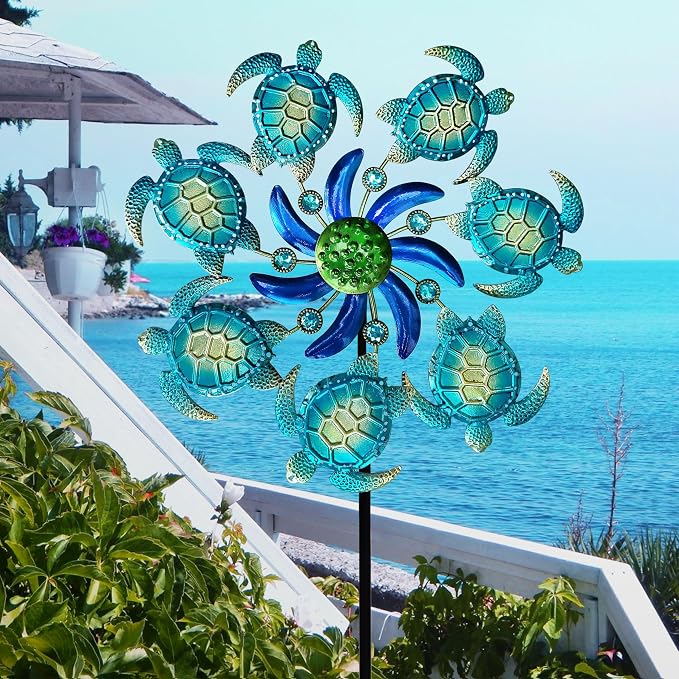 COOZZYHOUR 39" Sea Turtle Wind Spinners Garden Stake-Ocean Theme Outdoor Decorations- Metal Stake Yard Spinner-Wind Sculpture Yard Art Decorations for Patio,Swimming,Lawn & Garden Decor