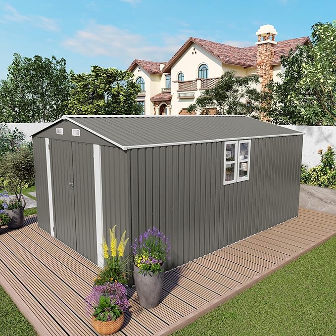YOPTO 10x14 FT Outdoor Storage Shed,Metal Shed W/ 3 Lockable Doors & Window,Garden Tool House W/ 4 Air Vents & Sloped Roof,All Weather Waterproof for Backyard,Patio,Lawn,Grey