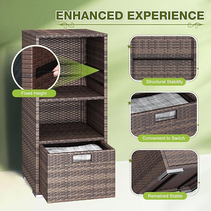 Greesum Rattan Storage Shed, Outdoor Towel Rack with 2 Storage Shelves & 1 Bottom Drawer, Suitable for Pool Patio Garden Deck, Brown