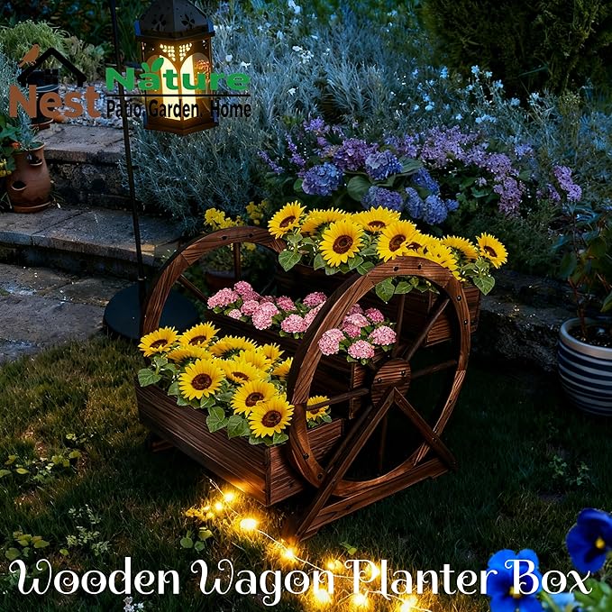 3 Tier Large Wooden Wagon Planter Box|Outdoor Planter/Flower Pot for Indoor&Outdoor Plants-Rustic Garden Planter for Patio,Porch&Garden Decor-Raised Garden Bed for Succulents,Herbs,Vegetables