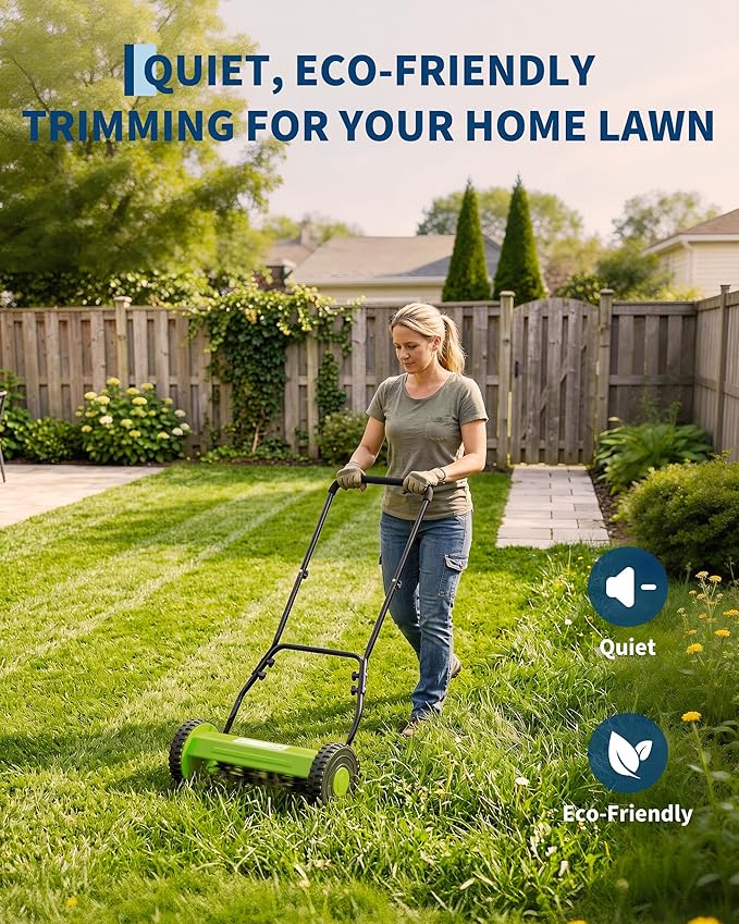 Push Reel Lawn Mower, 16 Inch 5-Blade Manual Reel Lawn Mower, Walk-Behind Lawn Mower with Adjustable Cutting Height, Green