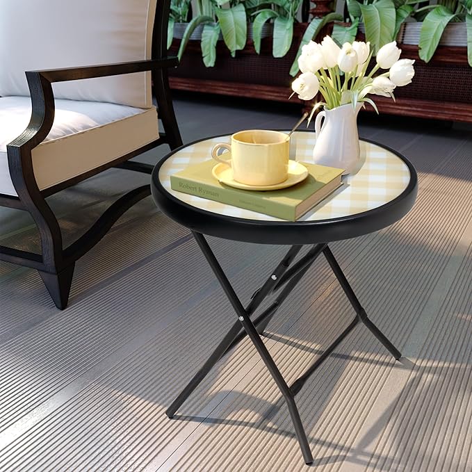 Foldable Patio Side Tables, 17.7" Small End Table Outdoor Weatherproof, Round Glass Top Outside Folding Table for Poolside, Balcony, Yard, Porch（Yellow）