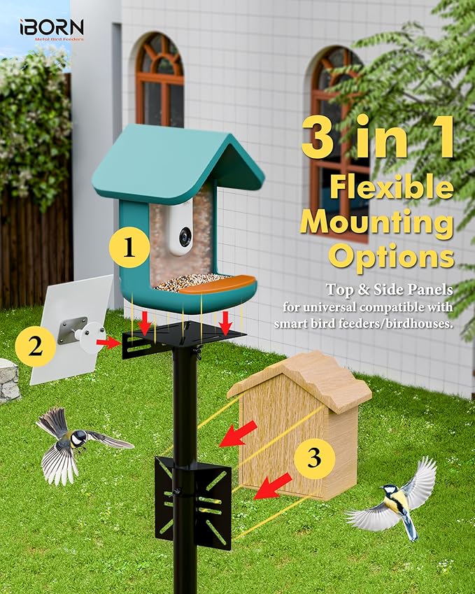 iBorn Camera Bird Feeder Pole 3in1 Compatible Bird Feeder Poles for Outdoors Heavy Duty,63inch Adjustable Height Bird House Pole Mount Kit Bracket Universal for Smart Feeder/Birdhouse