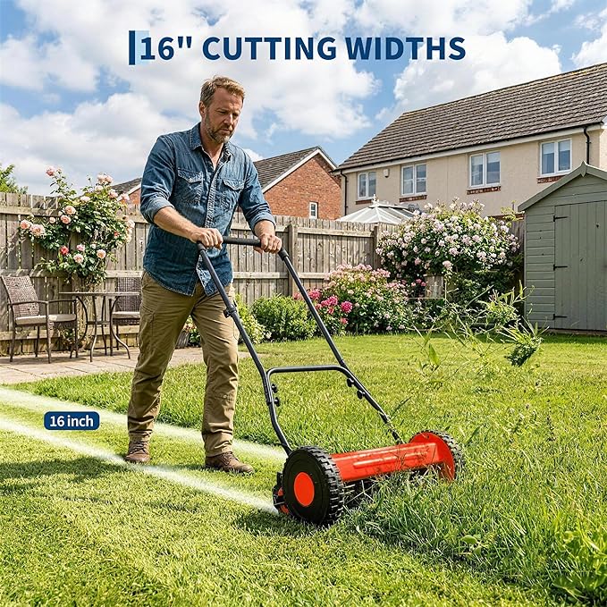GlowSol Lightweight 5-Blade 16 inches Manual Push Reel Lawn Mower, 0.4-4in Adjustable Cutting Height, Quiet & Compact, Easy Assembly – Ideal for Small to Medium Yards – Red