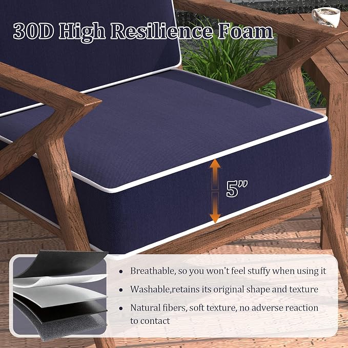 5" Thicker Outdoor Chair Cushions 2 Sets 24" *24" Waterproof Patio Chair Cushions for Outdoor Furniture w/Removable Cover 30D High Density Sponge Filling Thicken Patio Furniture Cushion w/Handle &Ties