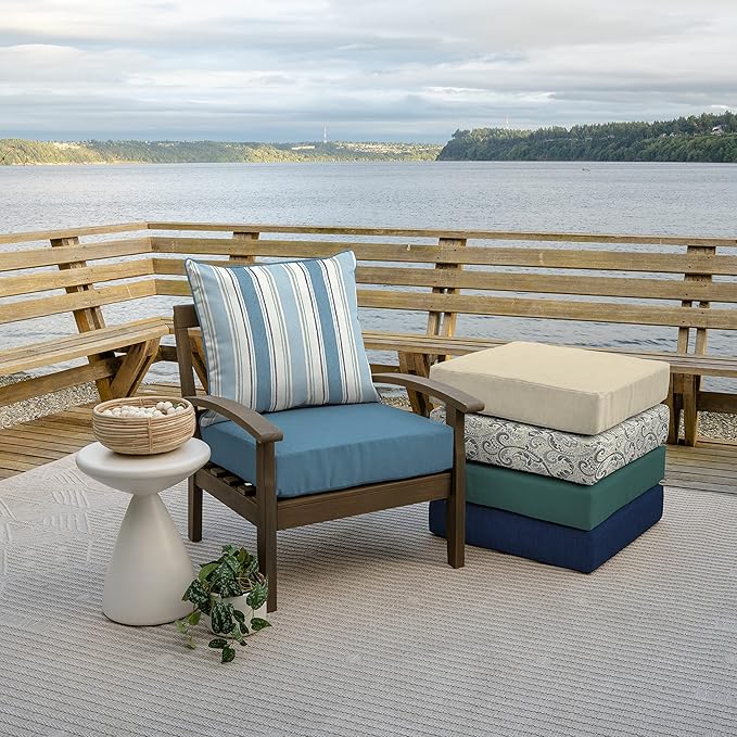Arden Outdoor Deep Seat Cushion Set (4-Pack), 24 in x 24 in, Weather-Proof, Rain-Proof, Fade Resistant Patio Cushion for Chair, Sofa, and Couch French Blue Linen Stripe