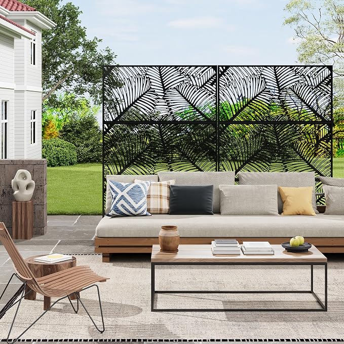 72" h × 47" w Outdoor Privacy Screen, Laser Cut Metal Garden Divider Panel with Tropical Leaf Design, Freestanding Weatherproof Privacy Fence for Patio Deck Backyard Balcony