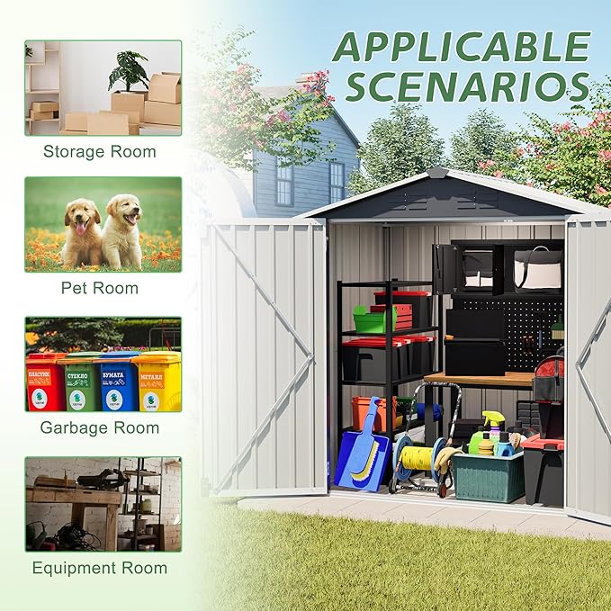 YOPTO 6 x 4 FT Outdoor Storage Shed with Floor Base & Lockable Hinge Door,Metal Garden Shed W/Sloped Roof,for Backyard Patio Lawn,Gray