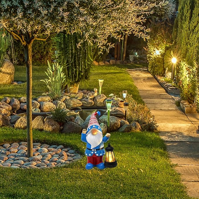 Gift Boutique Patriotic Gnome Decor with Lantern Red White Blue Garden Statue 11in Tall Indoor Outdoor Holiday Yard Decoration Memorial Day 4th of July Porch Accent