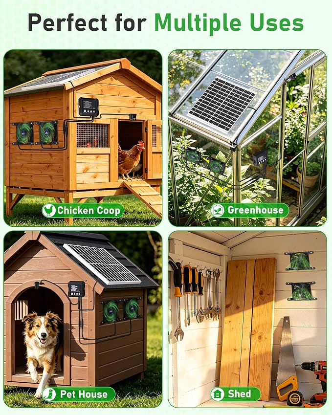 Solar Powered Fan for Chicken Coop, 25W Solar Panel, 2 * 4.7" Fans, 3 Smart Mode, Solar Exhaust Fan for Chicken Coop, Shed, Pet House