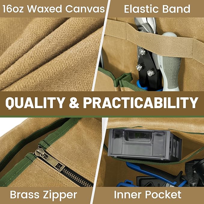 Canvas Tool Bag, 16OZ Waxed Canvas Tool Tote Bag with Metal Zipper & 12-Pocket Design, Multi-Purpose Garden Tool Storage Tote for Electrician Gardener Plumber | Khaki | 14.5"L x 7.5"W x 10"H