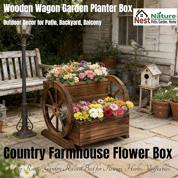 2 Tier Classic Wooden Wagon Planter Box|Outdoor Planter/Flower Pot for Indoor&Outdoor Plants-Rustic Garden Planter for Patio,Porch&Garden Decor- Raised Garden Bed for Succulents,Herbs,Vegetables