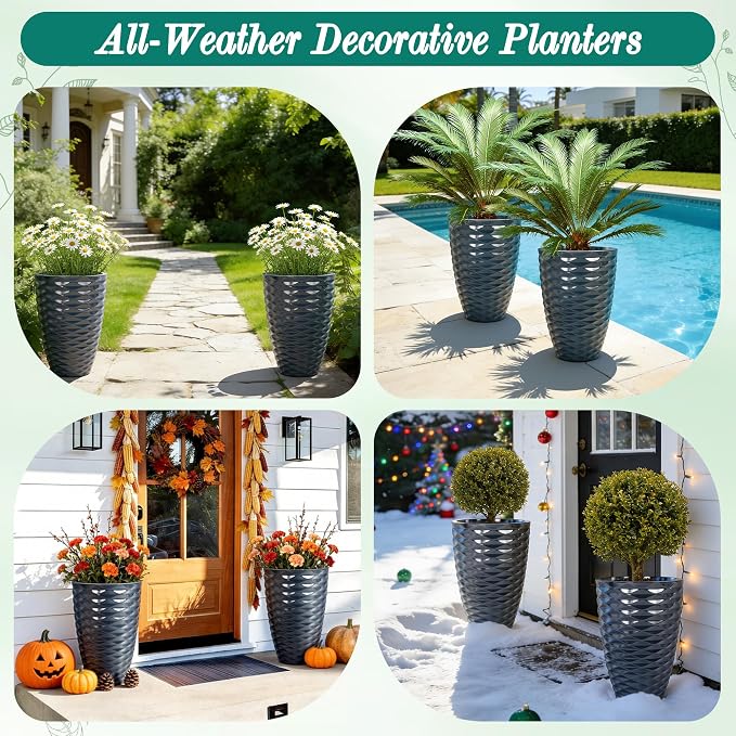 19" H Coastal Planter for Indoor/Outdoor Plants, Set of 2 Large Flower Pot with Drainage Hole, Weather/UV Resistant Resin Planters for Garden Patio Porch Home office Decor, Glossy Navy Blue Wavy