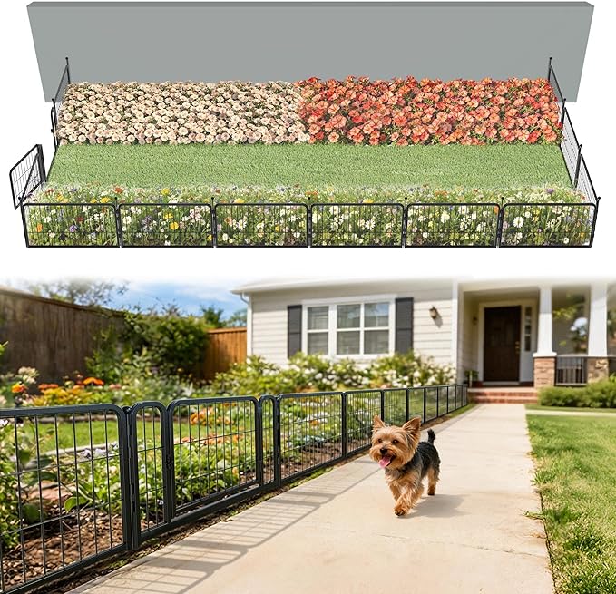 FXW Garden Fence Outdoor for the Yard – 17in(H) x 29.3ft(L) Heavy Duty Metal Animal Barrier for Dog, No Dig Decorative Dog Fence, 12 Panels, Black
