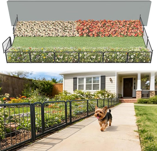 FXW Garden Fence Outdoor for the Yard – 17in(H) x 29.3ft(L) Heavy Duty Metal Animal Barrier for Dog, No Dig Decorative Dog Fence, 12 Panels, Black