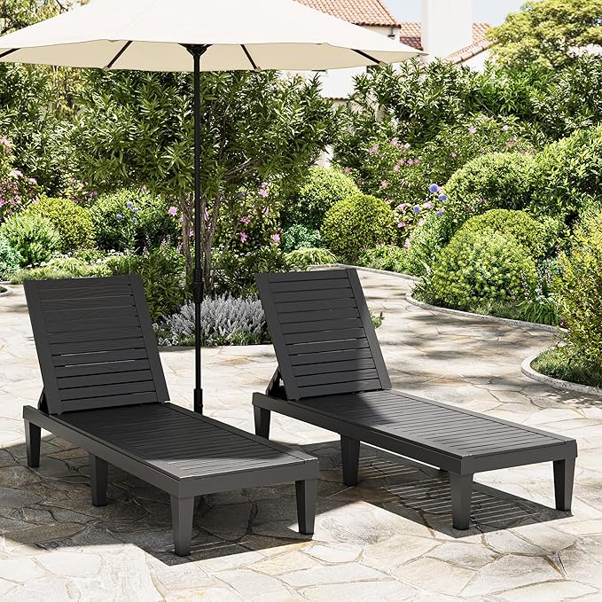 Outdoor Chaise Lounges Set of 2, NUNU LAB 5-Position Adjustable Patio Recliners with All-Weather Resin, Sun Loungers for Deck, Garden, Beach, Pool Sunbathing (Grain Black) (Black Wood Grain, Set of 2)