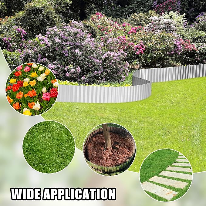 Corrugated Metal Garden Edging - 6 Inch X 10 FT Landscape Edging Border, Flexible Border for Garden Fence, Flower Bed, and Lawn (Silver)