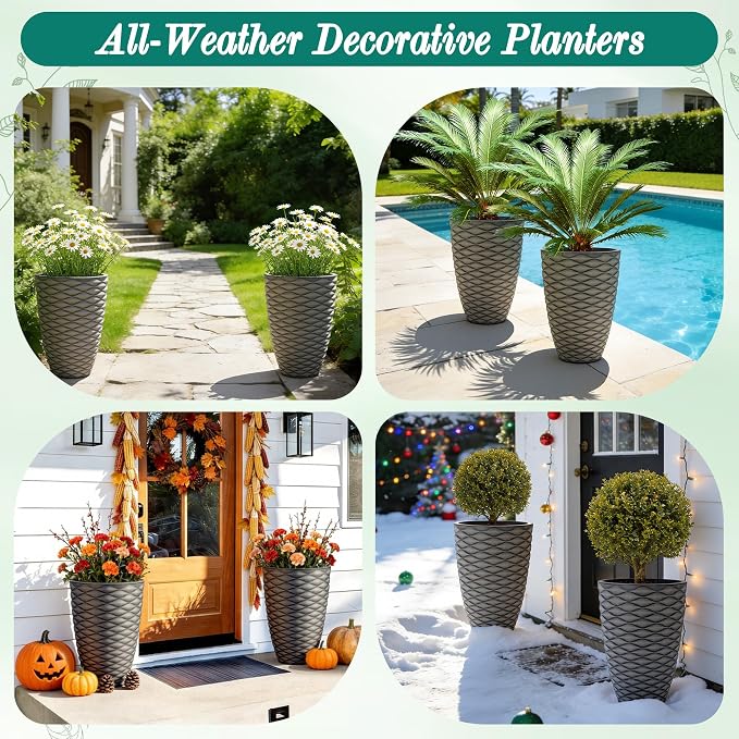 19" H Coastal Planter for Indoor/Outdoor Plants, Set of 2 Large Flower Pot with Drainage Hole, Weather-Resistant Resin Planters for Garden Patio Porch Home Office Decor, Rustic Black Wavy