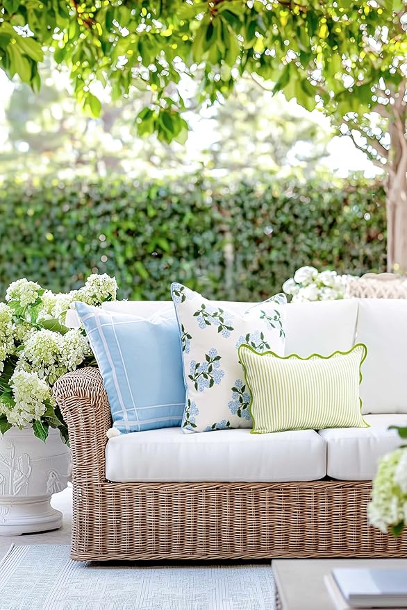 Hofdeco Premium Coastal Patio Indoor Outdoor Throw Pillow Cover Only, 20"x20" Water Repellent for Backyard, Couch, Baby Blue Print Hydrangea Flower (Pack of 2)