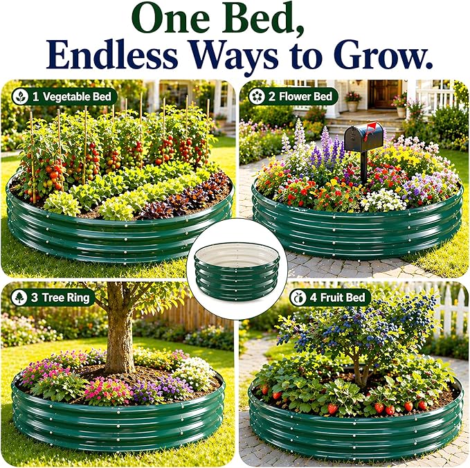 Galvanized Raised Garden Bed for Gardening - 3x3x1ft Round Thickened Metal Planter Box Outdoor for Vegetables, Flowers,Herbs,Above Ground Garden Containers Green