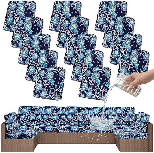 Smiry Waterproof Patio Cushion Covers, Stretch Outdoor Couch Slipcovers Replacement Washable Furniture Protector Sofa Chair Seat Cover for Dogs and Pets (14 Pcs, Midnight Blue)