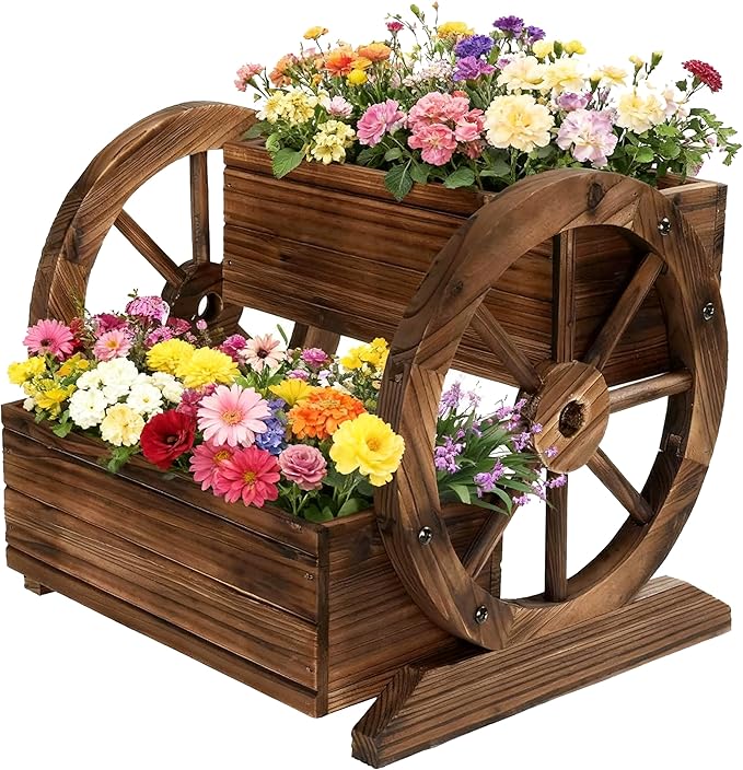 2 Tier Classic Wooden Wagon Planter Box|Outdoor Planter/Flower Pot for Indoor&Outdoor Plants-Rustic Garden Planter for Patio,Porch&Garden Decor- Raised Garden Bed for Succulents,Herbs,Vegetables