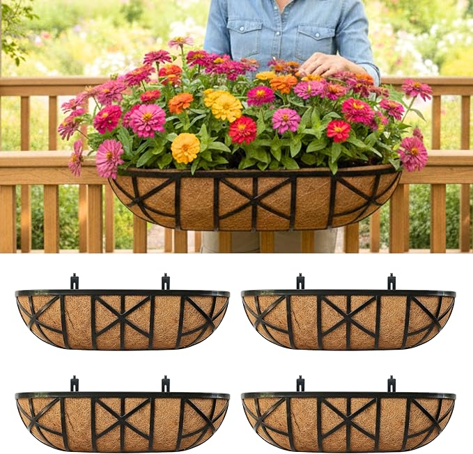 LaLaGreen 24 Inch, 4 Pack Railing Planters with Adjustable Mounting Brackets – Black Metal Window Planter Boxes for Outdoor Gardening, Wall-Mount Flower Pots, Balcony Fence Patio, Porch, Garden