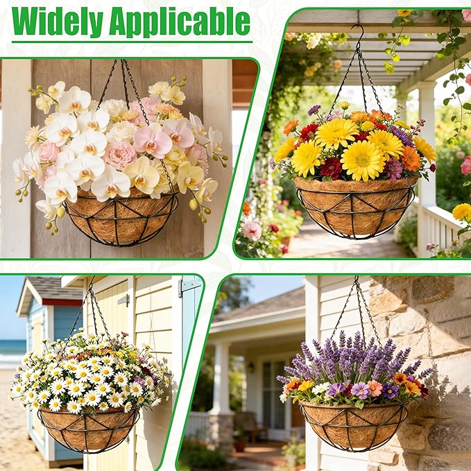 4 Pack 12 Inch Heavy Duty Hanging Basket Outdoor Metal Hanging Planters with Coco Coir Liners Black Hanging Flower Baskets for Outdoor Plants Patio Porch Balcony Garden（Geometric）