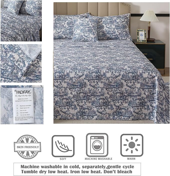 FADFAY Blue Toile Sheets Set Queen French Country Vintage Farmhouse Bedding Exotic Scenic Chinoiserie Floral Bedding 100% Egyptian Cotton Soft Breathable Sheet Set with Deep Pocket Fitted Sheet 4Pcs