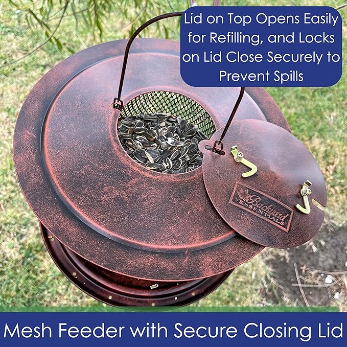 Copper Collapsible Mesh Feeder with Tray - Hanging Bird Feeder - Holds 12 Cups of Sunflower Seeds