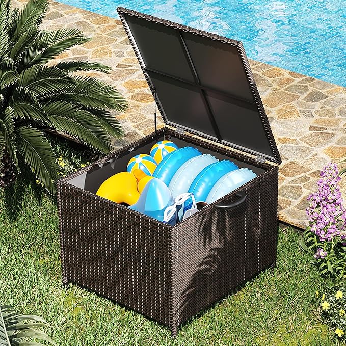Large Deck Box Waterproof PE Rattan Outdoor Storage Box with Handles and Wheels, Storage Bin for Garden, Balcony, Porch, Pool, Yard (Brown, 80 US Gallon)