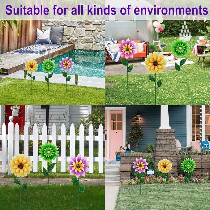 3 Pack Metal Flower Wind Spinner for Yard, 18in Outdoor Garden Stake with Retro Floral Design, Kinetic Patio Lawn Art, Weather Resistant Spring Decor